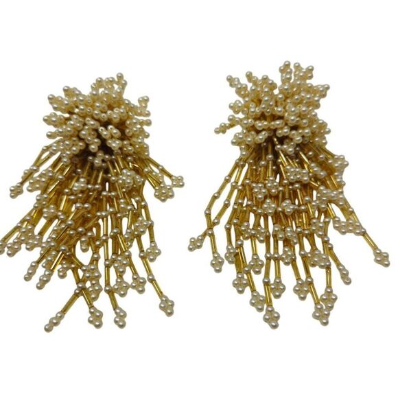 Vintage Gold and Pearl Tassel Clip-On Earrings | Statement 4.44" Design - Picture 3 of 5